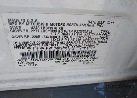 2013 Mitsubishi Outlander Sport Le из США, поврежденный, VIN 4A4AP5AUXDE018201